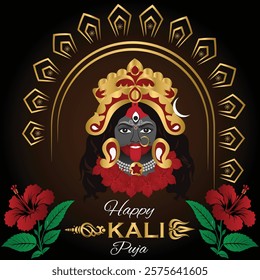 This vibrant illustration depicts Goddess Kali in her divine and powerful form, adorned with a golden crown, jewelry, and a garland of hibiscus flowers.Happy Kali Puja Indian religious background .