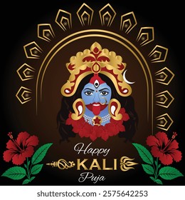 This vibrant illustration depicts Goddess Kali in her divine and powerful form, adorned with a golden crown, jewelry, and a garland of hibiscus flowers.Happy Kali Puja Indian religious background .