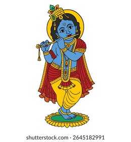 This vibrant illustration depicts Lord Krishna, the beloved Hindu deity, playing his enchanting flute (bansuri). Adorned with his signature blue skin, a majestic crown featuring a peacock feather
