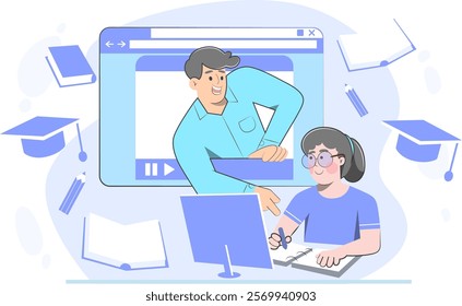 This vibrant illustration depicts an online tutoring session. A tutor engages with a student through a virtual platform, with the tutor's figure emerging from a web browser interface.