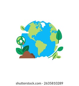 This vibrant illustration depicts a stylized Earth globe with lush greenery and a small plant sprouting from the ground.