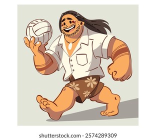 This vibrant illustration features an American Samoan man with long hair, energetically playing volleyball