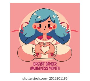 This vibrant illustration features a cartoon girl with striking blue hair, holding a heart emblazoned with the words “Breast Cancer Awareness Month.”