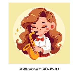 This vibrant illustration features a cartoon girl passionately playing the saxophone, embodying the spirit of music and creativity