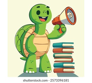 This vibrant illustration features a cartoon turtle confidently holding a megaphone, symbolizing the joy of reading aloud