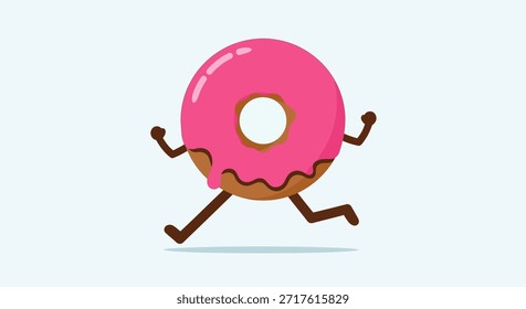 This vibrant illustration features a cartoon donut character with bright pink frosting and chocolate accents, running energetically against a clean, light background. It is perfect for depicting