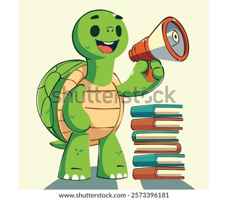 This vibrant illustration features a cartoon turtle confidently holding a megaphone, symbolizing the joy of reading aloud