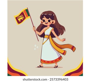 This vibrant illustration features a cheerful girl proudly holding the Sri Lankan flag, embodying the spirit and culture of Sri Lanka