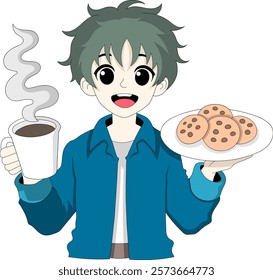 This vibrant illustration features a cheerful boy holding a steaming cup of coffee in one hand and a plate of cookies in the other.