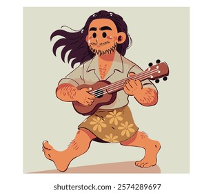 This vibrant illustration features a cheerful American Samoan character with long hair and a beard, skillfully strumming a ukulele