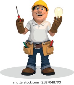 This vibrant illustration features a cheerful electrician wearing a hard hat, gloves, and a tool belt filled with various instruments. He holds a light bulb in one hand and a screwdriver in the other,