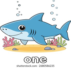 Esta ilustração vibrante apresenta um tubarão alegre nadando em uma cena subaquática colorida. O tubarão é acompanhado por coral e bolhas, com a palavra "um" em destaque abaixo. Este projeto