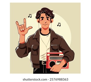 This vibrant illustration features a cool retro character, a man confidently holding a boombox while making the iconic sign of the horns