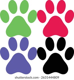 This vibrant illustration features four colorful dog paw prints in green, red, blue, and black, ideal for pet-related designs. The clean white background makes the design versatile