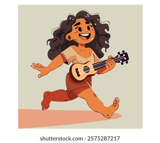 This vibrant illustration features a joyful American Samoan girl with curly hair, skillfully playing a ukulele