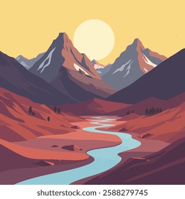 This vibrant illustration features a picturesque mountain landscape with tall, jagged mountains topped with snow in the background. A large sun is either setting or rising behind the mountains.