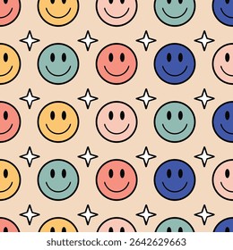 This vibrant illustration features a playful pattern of smiley faces in various colors, surrounded by star accents. Perfect for textiles stationery or cheerful designs.