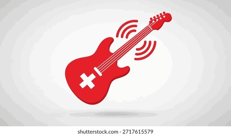 Esta vibrante ilustración presenta una guitarra eléctrica roja, completa con ondas de sonido que emanan de su cuello, y un símbolo de cruz blanca en negrita que se muestra de manera prominente en el cuerpo. El diseño es limpio,