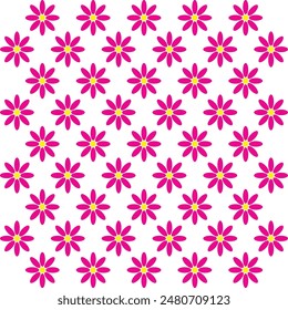 This vibrant illustration features a seamless pattern of pink flowers with yellow centers, evenly spaced against a white background. Each flower has eight petals, creating a symmetrical