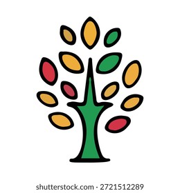 Esta vibrante ilustración presenta un árbol estilizado con un tronco verde y hojas coloridas en forma de óvalo. El diseño simple utiliza contornos negros llamativos y una paleta de rojo, amarillo y verde. Es un gráfico ideal para proyectos de marca ambientales, de temática natural o estacionales.