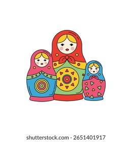 Esta ilustração vibrante apresenta bonecas de nidificação russas tradicionais, conhecidas como matryoshka. Cada boneca apresenta padrões e cores únicos, perfeitos para o apreço cultural.