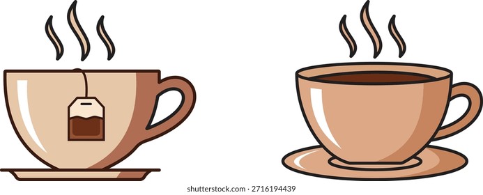 Esta vibrante ilustración presenta dos bebidas humeantes distintas, una taza de té y una taza de café