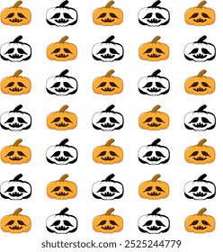 This vibrant illustration pattern features a grid of Halloween-themed pumpkins, each with unique carved expressions.