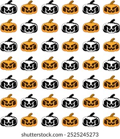 This vibrant illustration pattern features a grid of Halloween-themed pumpkins, each with unique carved expressions.