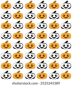 This vibrant illustration pattern features a grid of Halloween-themed pumpkins, each with unique carved expressions.