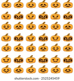 This vibrant illustration pattern features a grid of Halloween-themed pumpkins, each with unique carved expressions.