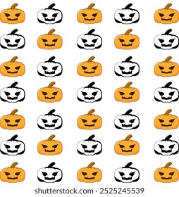 This vibrant illustration pattern features a grid of Halloween-themed pumpkins, each with unique carved expressions.