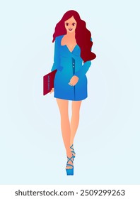 Esta vibrante ilustración retrata a una mujer fuerte y exitosa que exuda confianza y sofisticación. Vestida con un elegante blazer azul y un mini vestido, camina con confianza hacia adelante y lleva.