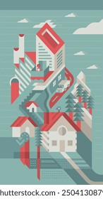 This vibrant illustration presents a whimsical cityscape, composed of geometric shapes and bold colors. Buildings and houses interlock in an intricate pattern, reminiscent of a jigsaw puzzle