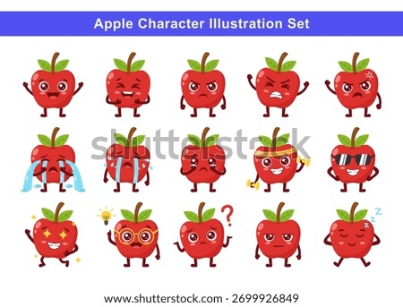 This vibrant illustration set features a variety of expressive apple cartoon characters, each showcasing different emotions and activities. Perfect for use in educational materials, children's books, 