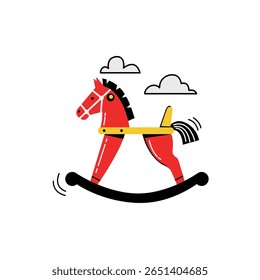 This vibrant illustration showcases a classic red rocking horse toy, perfect for capturing the essence of childhood joy and creativity in any children's space.