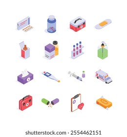 This vibrant illustration showcases a comprehensive set of essential medical supplies and equipment