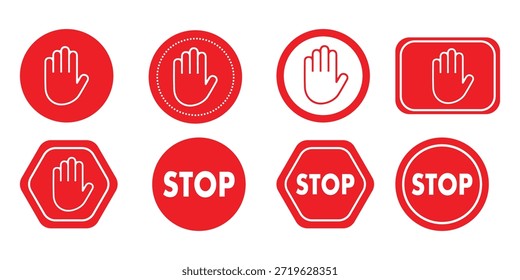 Esta vibrante ilustración muestra un conjunto completo de ocho íconos de parada, cada uno diseñado con un llamativo fondo rojo y Elementos blancos contrastantes. 