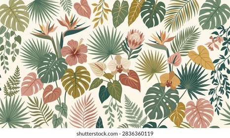 This vibrant illustration showcases a dense arrangement of lush tropical foliage and blooming exotic flowers. The composition features a variety of leaf shapes, including palm fronds and broad monstera leaves, interspersed with delicate floral elements in muted earth tones. The overall aesthetic is organic and decorative, set against a clean, light-colored background that enhances the natural color palette