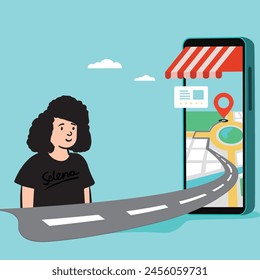 This vibrant illustration showcases a person looking on as a road emerges from a smartphone, symbolizing the journey to digital destinations and online discovery.
