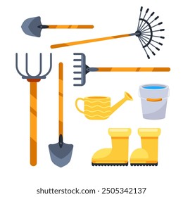 This vibrant illustration showcases a set of essential gardening tools, including shovels, rakes, a watering can, a bucket, and boots, perfect for any gardening enthusiast