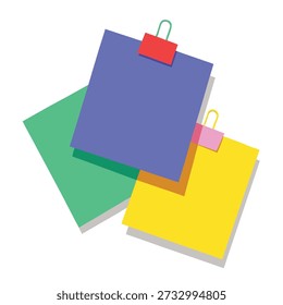 This vibrant illustration showcases three square note papers – green, purple, and yellow – attached with red and pink clips, artfully stacked and angled on a white backdrop.
