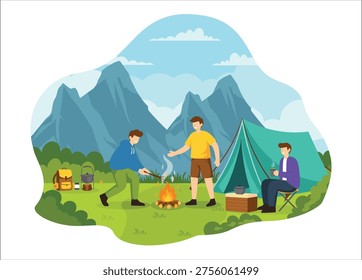 This vibrant illustration showcases three men enjoying a camping trip, complete with a tent, campfire, and scenic mountain backdrop. The silhouette style and transparent background make it a valuable asset for designers. high-quality professional detailed modern elegant stylish clean crisp