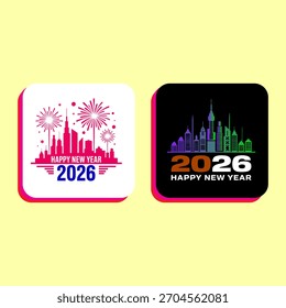 This vibrant illustration showcases two stylized designs for the upcoming New Year 2026 featuring a city skyline and celebratory fireworks. 