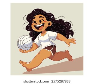 This vibrant image captures a joyful American Samoan girl energetically running with a volleyball, embodying the spirit of play and enthusiasm