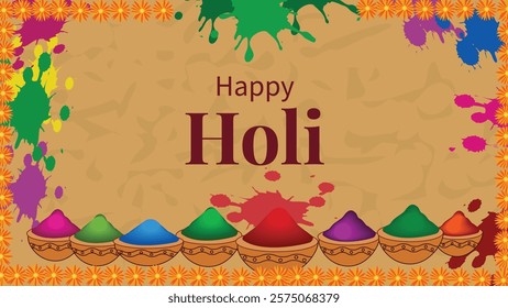 This vibrant image celebrates Holi, the festival of colors. The colorful powders in traditional earthen pots, along with the splashes of paint, capture the essence of joy, togetherness, and festive sp