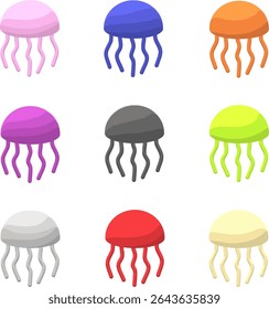 This vibrant image features a comprehensive set of cute, colorful jellyfish graphics, each rendered in a playful, modern vector style.
