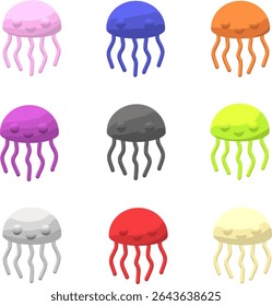This vibrant image features a comprehensive set of adorable, kawaii-style jellyfish graphics, with each illustration featuring bright colors and a playful, modern vector design.