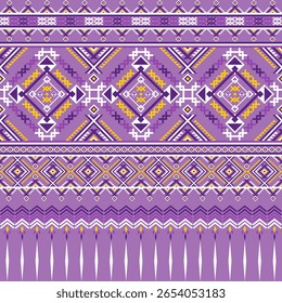 This vibrant image features intricate geometric patterns in purple and yellow, perfect for various artistic applications or as a textile background.