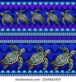 This vibrant image features intricately designed sea turtles swimming in a rich blue ocean. Each turtle displays detailed patterns with swirls and geometric shapes in shades of green, yellow, 