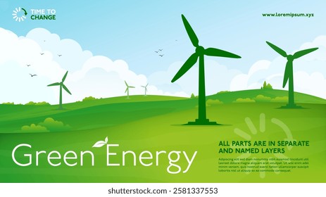 This vibrant image features serene landscape adorned with wind turbines under bright blue sky, showcasing harmony between technology and nature in energy production. Vector illustration.